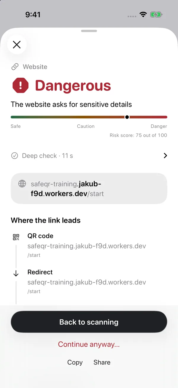 Completed deep check: Dangerous. The website asks for sensitive details. The link’s path and redirect appear below the result.