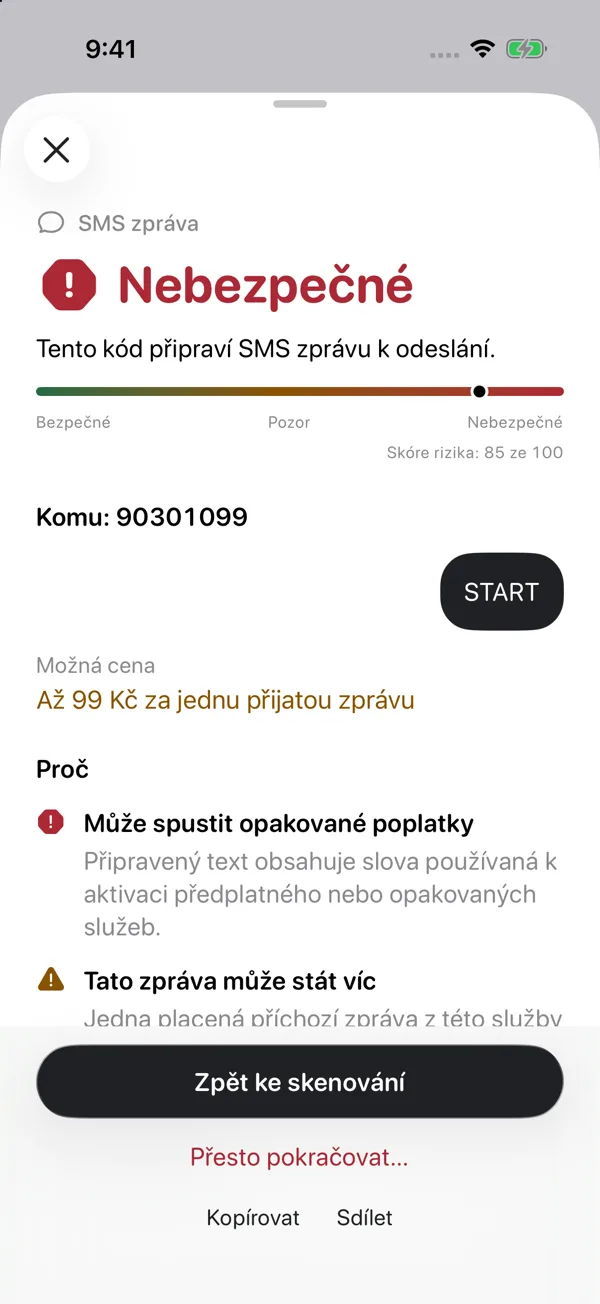Kontrola SMS v telefonu: Nebezpečné, skóre 85 ze 100. Jedna přijatá zpráva může stát až 99 Kč a poplatky se mohou opakovat.