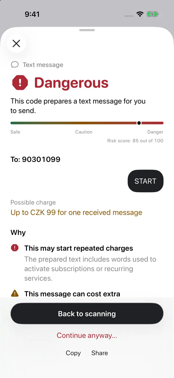 The phone’s SMS check: Dangerous, a risk score of 85 out of 100. One received message may cost up to CZK 99, and charges may repeat.